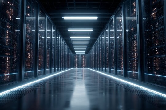 A long corridor in a modern data center lined with server racks that emit a soft glow. Bright lights illuminate the space, creating a high-tech atmosphere