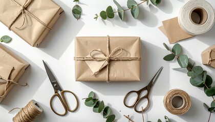 Artisanal gift wrapping with natural elements and crafting essentials, flat lay perspective