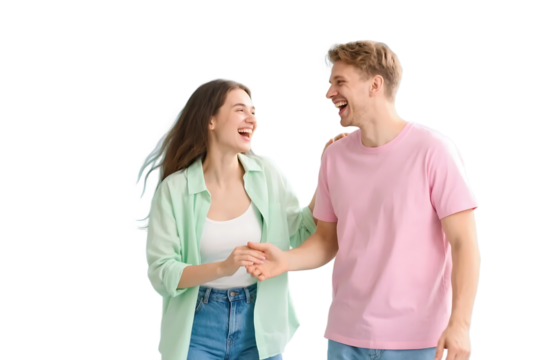 A joyful young couple is holding hands and laughing, showing a strong bond and positive emotions.