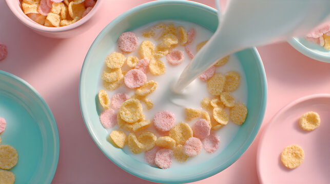 Milk pouring into a bowl of colorful round breakfast cereal. Healthy morning meal concept for children and adults. Delicious food for a start of day.