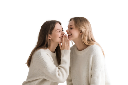 Two young women in white sweaters engaging in a close and intimate whisper interaction.