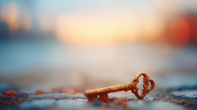 Rusty key lying on a textured surface during sunset over a blurred background