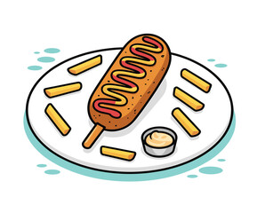Cartoon corn dog with fries and dipping sauce on a white plate illustration
