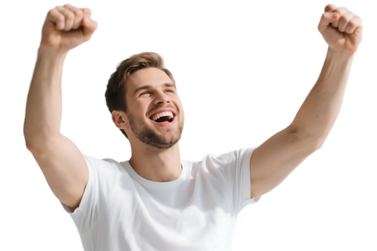 A man in a white t-shirt with raised fists expressing excitement and positive emotion.