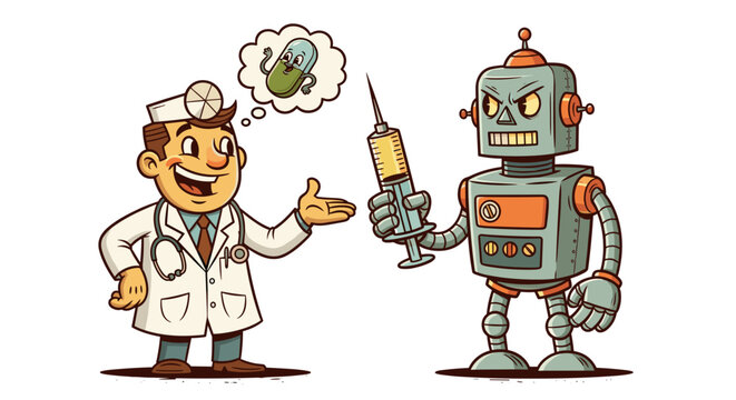 Doctor talking to robot holding syringe with bacteria thought bubble  