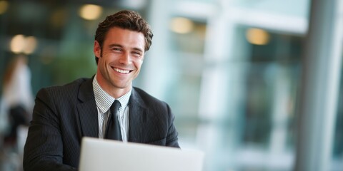 Fototapeta premium Smiling Businessman in Modern Office Setting, Engaging with Laptop and Exuding Professional Confidence and Approachability