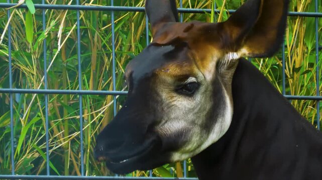 Close up view of an hungry okapi head picking weeds beside a fence on a cloudy autumn day