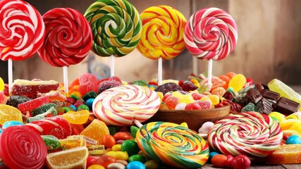 Colorful assorted confectionery, hard candy lollipops and sweet gummies in a close-up arrangement on a rustic wooden table surface - Powered by Adobe