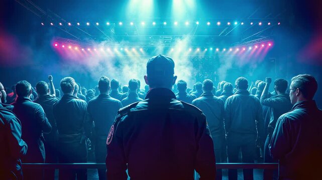 Security guard watching music concert crowd under stage lights