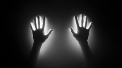 Two human hands glowing through dark misty shadows creating mysterious ghostly silhouette of light and energy on white background