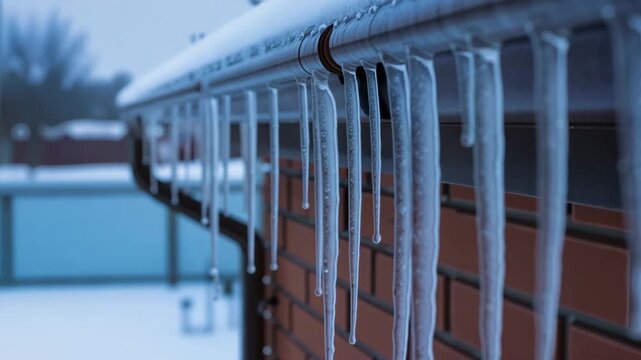 Time-lapse of icicles melting and dripping from a roof gutter. Close-up of frozen ice thawing in cold winter weather. The transition from winter to spring concept