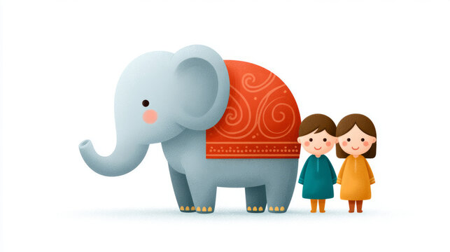Colorful elephant decorated for indian festival parade with children in traditional attire