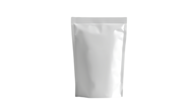 Photorealistic white matte pillow pouch snack bag mockup PNG with soft shadows and transparent background for clean product packaging design presentations.