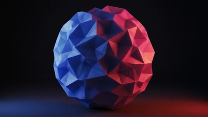 A low-poly sphere, half blue, half red, illuminated against a dark background - Powered by Adobe