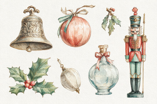 Vintage Christmas illustration featuring ornaments, holly, bell, and nutcracker soldier design