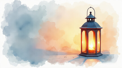 Lantern glowing warmly against a blurred watercolor background  