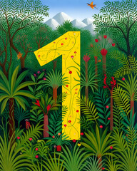 illustration représentant le chiffre un sur un fond représentant la nature sauvage de la jungle