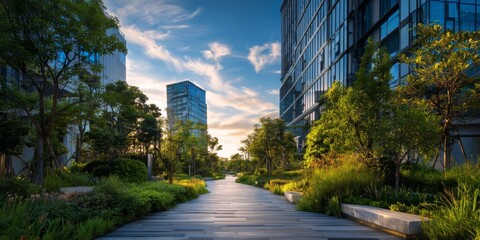 Obraz premium Serene Pathway Between Modern Buildings Surrounded by Lush Green Landscape at Dusk with a Clear Blue Sky and Wispy Clouds Above