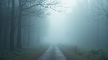 Misty forest road in fog with trees on either side  