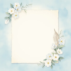 Floral frame with soft blue background and blank center for text  