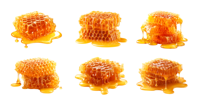 Golden Honeycomb Dripping Sweet Nectar isolated on a transparent background