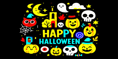 Funny cartoon crowd of monsters celebrating a Halloween party, featuring spooky bats, a pumpkin illustration, and a witch design set