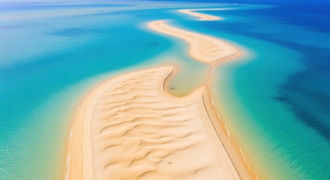Aerial view sandbar connects to distant land in turquoise blue sea