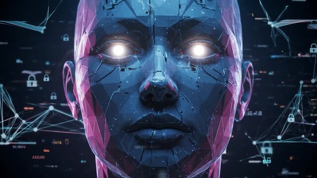 Close-up of a polygonal, glowing-eyed robotic head with digital security symbols