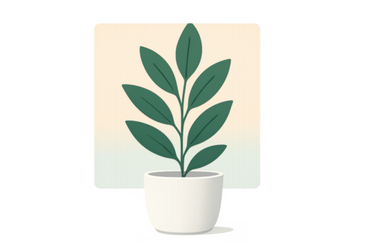 Houseplant illustration with green leaves in white pot, potted plant on gradient background, transparent
