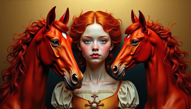 oncept for the "Year of the Horse" featuring a portrait of a young red-haired woman positioned between two fiery red horses. energy of the Year of the Fire Horse.
