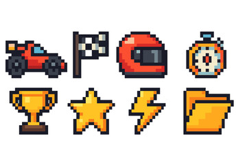 Obraz premium Racing, motorsport pixel art icon set. Retro, game icons in pixel style collection