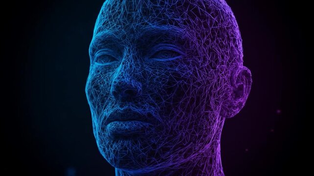 A wireframe human head glows with neon blue and purple light against a dark background
