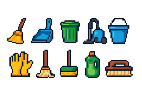 Fototapeta Cleaning and housework icon set: classic pixel art style for home chores