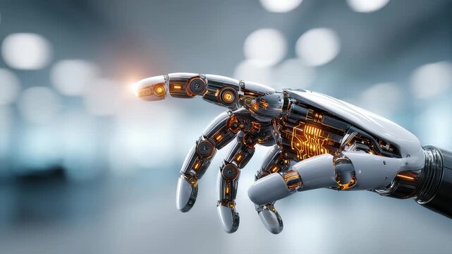 Close up of a high tech robotic hand with glowing electronic circuits, symbolizing the integration of AI in automation. The background features a blurred, modern workspace for a futuristic atmosphere