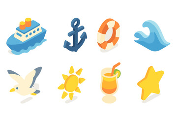 Nautical and beach flat icon set. Marine, summer, seaside icons in flat design