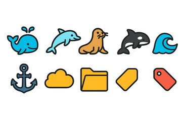Sea life and nautical flat icon set. Marine, ocean, and beach icons collection