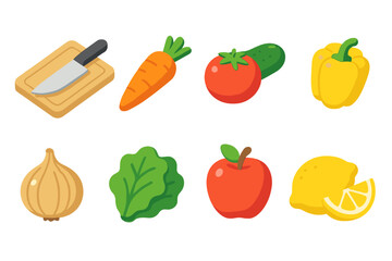 Food and kitchen flat icon set. Vegetables, fruits, cooking tools flat collection