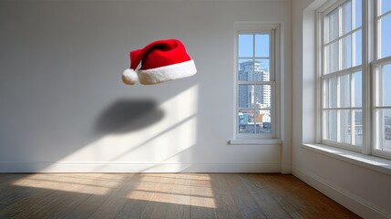 Fototapeta premium Red hat is floating in the air above a white room with a window. The hat is the only object in the room, and it is floating in mid-air