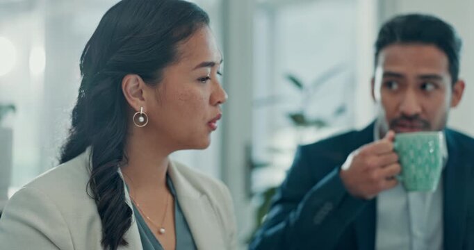 Office, computer and people with coffee, discussion and collaboration for financial analysis on web. Accountants, man and woman with tech for project, tea and teamwork for budget report and online