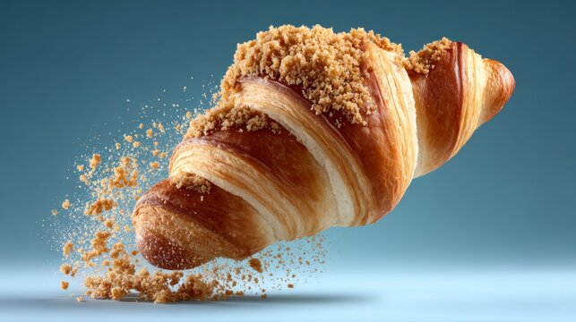 Pastry with a brown topping is shown in a blurry image. The pastry is a croissant and the topping is powdered sugar. The image has a dreamy, whimsical feel to it
