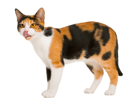 Alert Calico Cat Licking Lips isolated on a transparent background - Powered by Adobe