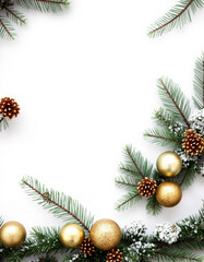 Festive Christmas Decorations with Pine Branches, Gold and Silver Ornaments, and Pinecones on a White Background