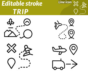 A flat minimal vector icon illustrating the idea of travel and adventure. It features a suitcase or backpack with travel stickers. Airplane flying above and a location pin or globe in the background.
