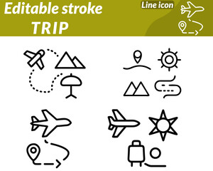 Trip set line icon. Clean lines and balanced shapes convey movement and excitement. The color palette includes blue for skies, orange or yellow for energy, and green for exploration.