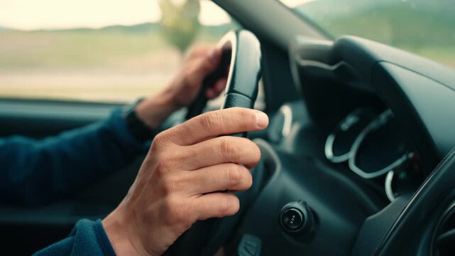 Close-up of a man&rsquo;s hands on the steering wheel during a daytime drive. A cinematic scene highlighting motion, control, and the feeling of travel and freedom.