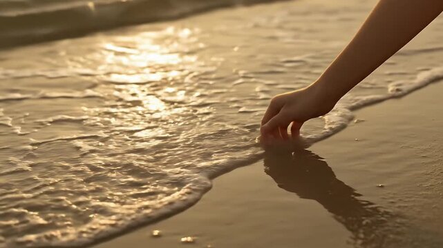 A person's hand gracefully reaches out to gently touch the incoming, foamy ocean waves on a sun-drenched sandy beach during the warm glow of golden hour. The soft sunlight creates mesmerizing, shimmer