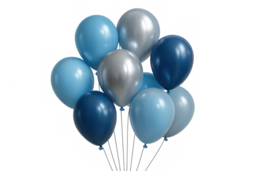 Bunch of blue and silver balloons floating, celebrating birthday party, anniversary, or special event, transparent background
