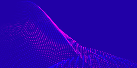 An abstract colorful wave of glowing dots that creates the illusion of moving waves on a dark background. The visualization resembles a dynamic vector 3D wave that combines technology, art of the futu