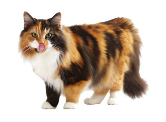 Fluffy Calico Cat Licking Its Lips isolated on a transparent background