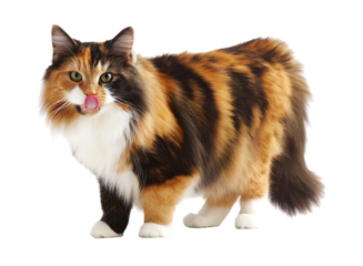 Fluffy Calico Cat Licking Its Lips isolated on a transparent background